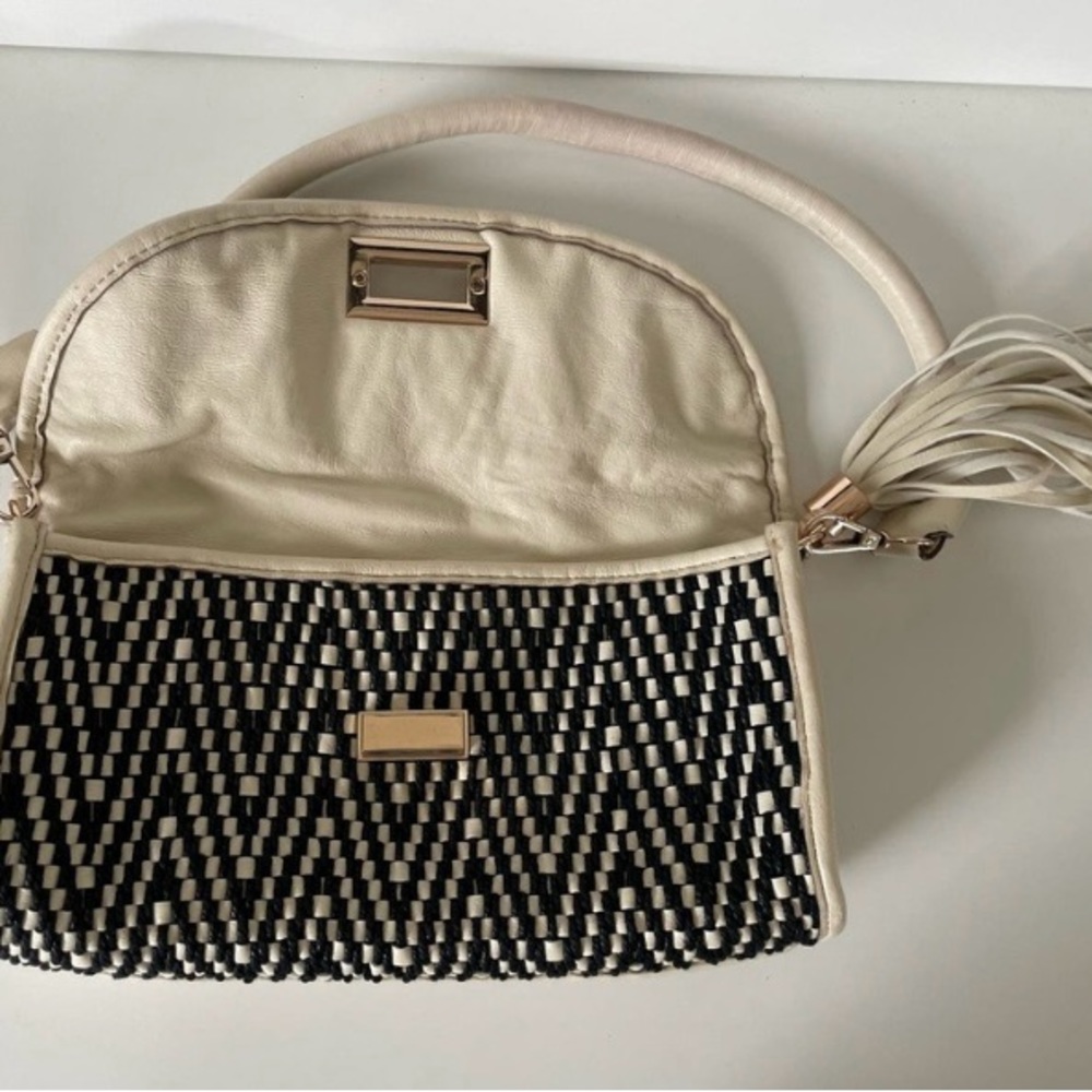 Anthropologie Cream and Black Woven Shoulder Bag